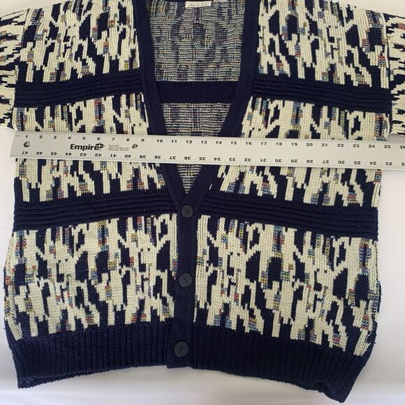 VTG Koman Sweater Cardigan Men XL Navy Blue Cream Abstract Button Grandpa Preppy - Picture 7 of 8